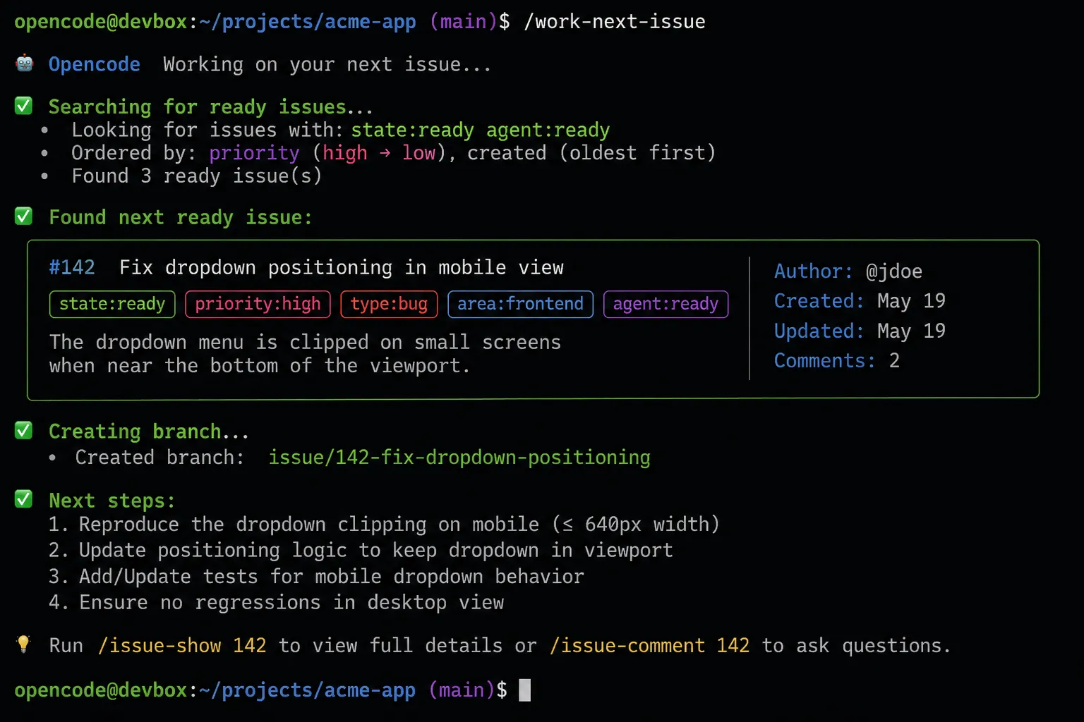 opencode terminal showing custom GitHub workflow commands