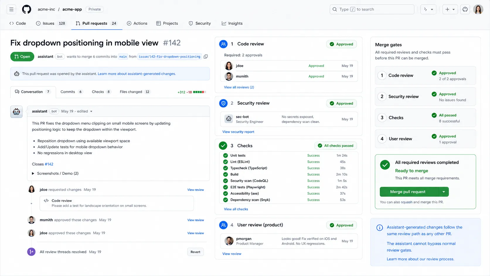 Pull request review gates with coding review, security review, and GitHub Actions checks